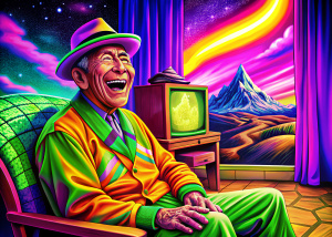 hombre con ropa andina peruana riendo viendo television de noche 