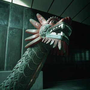 Intricate Aztec-themed dragon sculpture, vibrant rust hues, fierce visage with detailed textures, on a sleek black backdrop.