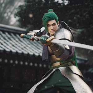 Genji, the ninja from Overwatch, in an intense combat stance. Green hair, gold and green armor, dark background with intricate details.