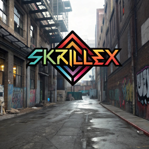 Skrillex's logo with vibrant, angular design. Background: industrial alleyway with graffiti and urban decay.