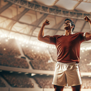 Cristiano Ronaldo, wearing Nike jersey and shorts, flexing muscles. Pitch in stadium. Background crowded with fans cheering.