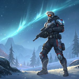 Rendered image of Soldier 76 in Winter Wonderland 2017 skin. Futuristic armor glowing. Battle-ready stance. Shimmering alien backdrop