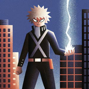 Mitsuki Bakugo from My Hero Academia, standing amidst a bustling cityscape. Blonde, spiky hair, red eyes. Focused expression, fiery energy in hand. Dynamic pose.