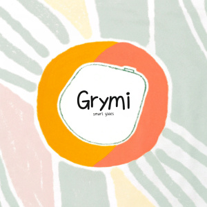 Minimalist logo design for Grymi Smart Spaces. White logo on dark gray background