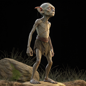 A digital rendering of a Gollum-like creature from Lord of the Rings, posing calmly. The character has a slim, athletic build, with simple brown attire. Set against a pitch-black backdrop.