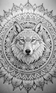Coloring page for adult, simple coloring page, no details, black and white full,outline, no color, fill frame, edge to edge, white background clipart.3d mandala wolf
