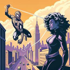 Detailed black and white comic-style illustration. Spider-Man and Black Cat. Spider-Man has web lines on his suit. Black Cat has curly hair and a playful expression. Background is a bustling New York City scene.