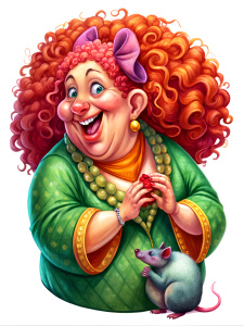 Ugly fat lady with red curly hair named Reina eat a rat.