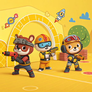 Promotional art for Nerf Battle Arena. Various cartoon characters in battle-ready stances against a vibrant yellow backdrop. Each character uniquely designed with bold accessories and outfits.