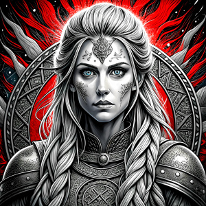 shieldmaiden perfect realistic art, high-definition, high-definition grey and black, white background 