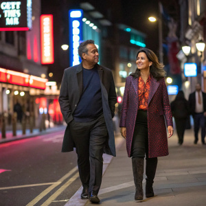 Krishnan Guru-Murthy and Lisa Guru-Murthy, walking down the bustling street at night, stylish outfits, urban cityscape backdrop.