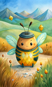 sweet bee with fat cheeks with round face  and two antenna collecting diamonds in a jar in a wonderful landscape