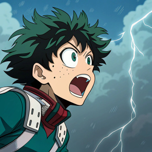 Izuku Midoriya in dynamic anime-style illustration. Eyes wide, mouth agape in surprise.