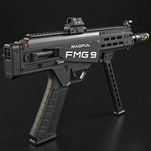 Digital illustration of a futuristic Magpul FMG9 folding machine gun. Sleek, black and detailed mechanical structure. High-resolution 3D style. Solid black background with Magpul logo