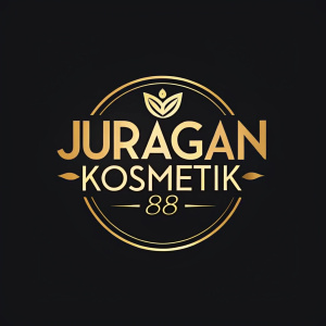 The logo for Juragan Kosmetik 88 is sleek and modern. It features an artistic interpretation of the brand name in a stylish font. Set against a bold black background, the logo uses a rich golden color to make the text 'Juragan Kosmetik 88' stand out. The design is contemporary and easily recognizable.