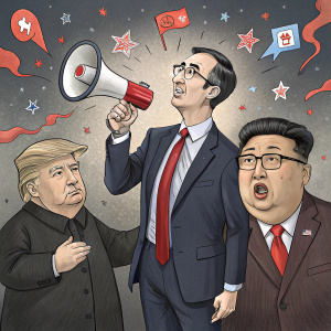 Political satire cartoon featuring John Oliver, Donald Trump, and Kim Jong-un.