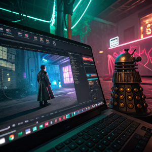 Screenshot of video editor working on Adobe Premiere Pro. Cyberpunk styled background with neon graffiti. Dalek character in foreground.