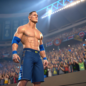3D render of John Cena in action pose. Wearing blue wristbands and shorts. The background is a vibrant sports stadium crowd.