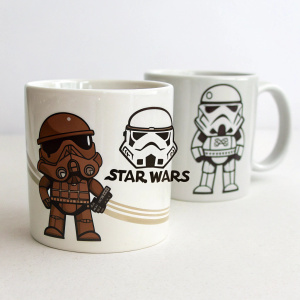 Two Star Wars mugs, white background. Brown stormtrooper figure, logo, name