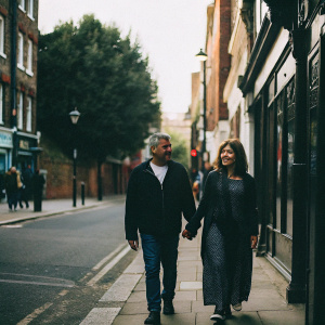 Sadiq Khan and Saadiya Khan, couple walking down the street in London. Casual attire, no red carpet