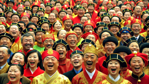 Exaggerated style: hundreds of happy Chinese people ushering in good luck