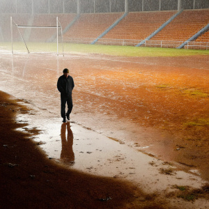 Lorenzo Insigne, wearing a black tracksuit, standing in a deserted, rainy stadium with no audience.