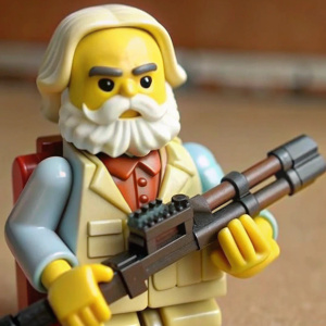 a lego Karl Marx with a machine gun, white and red