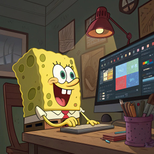 SpongeBob SquarePants in a digital animation software workspace. Brightly colored interface with tools and color palettes visible.