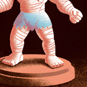Digital illustration of the Hulk figurine, with ripped purple shorts, standing on a brown base. Dark background with intricate line art