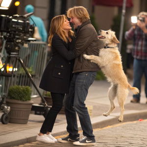 Jennifer Aniston and Owen Wilson share an affectionate hug on the set of a romantic comedy. Young, playful dog jumps between them.