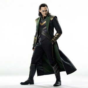 Tom Hiddleston as Loki in a promotional photo shoot. Modern, sleek design with a stark white background.