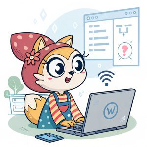 A cartoon character, with feminine features, browsing a tech blog dedicated to hacking wifi networks.
