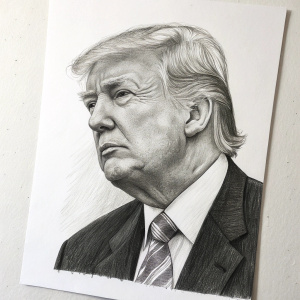 Black and white charcoal drawing of former US President Donald Trump. Simple white background