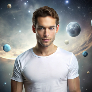 un hombre del signo Virgo con ojos grises y una camiseta blanca se alza sobre un fondo claro y plateado del espacio intergaláctico y los planetas