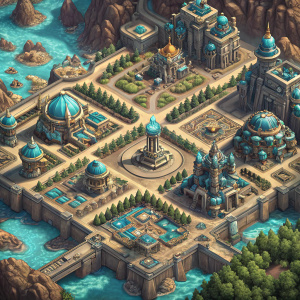 High-tech digital art depicting StarCraft II's complex landscape. Isometric view showcasing detailed pathways, elaborate buildings, and repetitive motifs. Vibrant hues of blue, brown, and teal accents bring the scene to life.