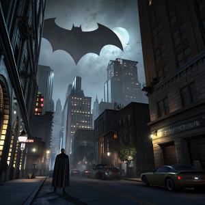 Cover art for Batman: The Telltale Series, featuring a bustling Gotham City at night. The iconic bat silhouette looms over the skyline, set against a backdrop of towering skyscrapers and dark, mysterious alleyways.
