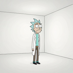 Illustration of Rick Sanchez standing alone in an empty, white room. Cartoon style with exaggerated expressions above his head