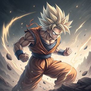Anime illustration of Goku from Dragon Ball series. Charging attack. Dark and light gradient background.