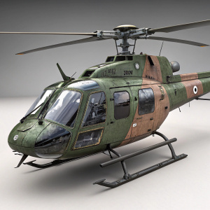 Digital rendering of an Airbus Helicopters AS350. Military grade, green-brown camouflage paint, detailed rotor blades, rugged design.