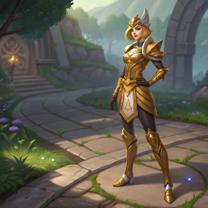 Digital illustration featuring Orianna, League of Legends champion, in her Will Imaginator skin. She stands confidently in a golden outfit against a backdrop of stone paths and lush greenery. Detailed design elements and vibrant colors characteristic of the game's aesthetic.