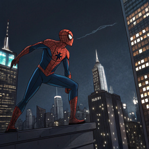 Spider-Man in action pose, standing on the top of New York skyscraper at night. Dark background with city lights.