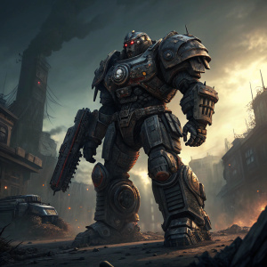 Digital art of the Devastator from Gears of War. Giant, armored warrior. Dark, detailed backdrop highlighting the intricate weapon design.