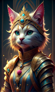 a princess warrior cat wearing a pink and golden armour and a golden sword 