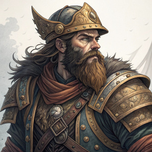 Digital illustration of Gangplank, the League of Legends champion. Depicted with scruffy beard and battle-hardened look. Detailed armor and attire, set against a plain background, showcasing intricate line work and shading.