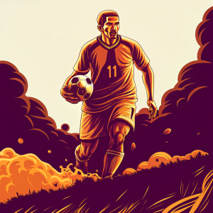 A 3D digital art of Gareth Bale, Welsh soccer star, in a powerful pose. Wearing his iconic jersey with number 11. Surrounded by abstract, dark shades and green accents. Holding a soccer ball, focused and determined expression, on a grass-like base.
