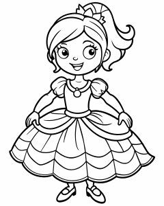 A ittle cute princess dressed in a layered ball gown. Short hair. Dancing pose