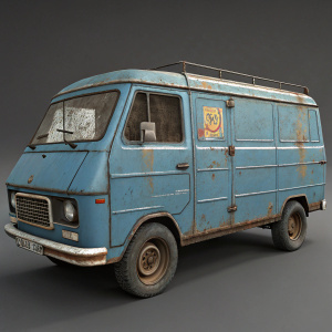 A CGI rendering of an old, beat-up blue van. Weathered, rusty panels. Chipped paint. Simple cargo van design
