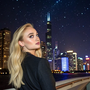 Sophie Turner, blonde hair, glamorous makeup, casual pose. The backdrop is a vibrant city skyline at night.