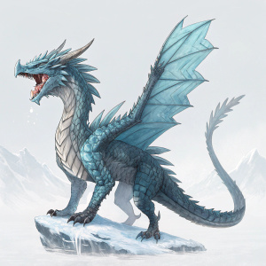 Digital illustration of a mythical ice creature from Monster Hunter World: Iceborne. The creature, named Velkhana, has sharp teeth and a long sinuous tail. Its body is covered in crystalline patterns. Standing on a clear reflective base with a light grey backdrop.