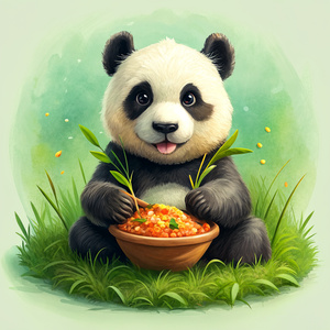 a panda sitting on grass and eating biryani,